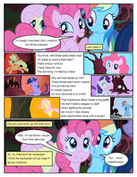 Size: 612x792 | Tagged: safe, artist:newbiespud, derpibooru import, edit, edited screencap, screencap, applejack, fluttershy, pinkie pie, rainbow dash, rarity, twilight sparkle, unicorn twilight, earth pony, pegasus, pony, unicorn, comic:friendship is dragons, friendship is magic, comic, dialogue, female, mane six, mare, screencap comic, sharp teeth, singing, teeth, tree