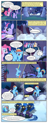 Size: 612x1555 | Tagged: safe, artist:newbiespud, derpibooru import, edit, edited screencap, screencap, applejack, fluttershy, pinkie pie, rainbow dash, rarity, twilight sparkle, unicorn twilight, earth pony, pegasus, pony, unicorn, comic:friendship is dragons, friendship is magic, bridge, clothes, comic, costume, dialogue, female, flying, fog, goggles, mane six, mare, mouth hold, rope, screencap comic, shadowbolts, shadowbolts costume