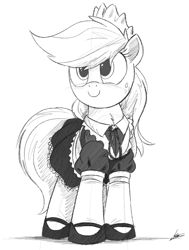 Size: 1000x1323 | Tagged: safe, artist:ncmares, applejack, earth pony, pony, clothes, female, freckles, maid, mare, monochrome, smiling, solo