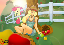 Size: 3306x2358 | Tagged: safe, artist:mr-jonatan, apple bloom, applejack, human, apple, apple bloom's bow, basket, bow, clothes, cowboy hat, duo, eyes closed, fence, hair bow, hat, haystick, humanized, overalls, sitting, sleeping, sunrise, sweet apple acres