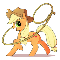 Size: 1000x1000 | Tagged: safe, artist:9seconds, applejack, earth pony, pony, applejack's hat, cowboy hat, female, freckles, hat, lasso, mare, open mouth, raised hoof, rope, simple background, smiling, solo, white background