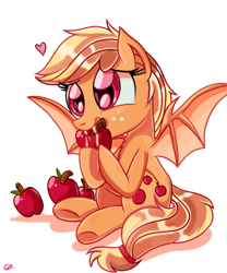 Size: 900x1080 | Tagged: safe, artist:daniel-sg, applejack, bat pony, pony, apple, applebat, cute, heart, jackabetes, race swap, solo