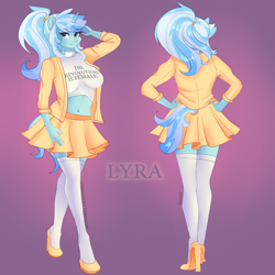 Size: 4000x4000 | Tagged: safe, artist:xjenn9, lyra heartstrings, anthro, clothes, commissioner:endbringer99, female, feminist, hands on hip, high heels, mare, midriff, pleated skirt, ponytail, reference sheet, shoes, skirt, socks, solo, stupid sexy lyra, thigh highs