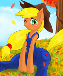 Size: 1000x1200 | Tagged: safe, artist:汚自慰, applejack, earth pony, pony, blushing, missing freckles, overalls, solo