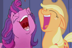 Size: 356x236 | Tagged: safe, edit, edited screencap, screencap, applejack, skywishes, earth pony, pony, boast busters, friends are never far away, g3, eyes closed, floppy ears, laughing, laughingmares.jpg, open mouth, smiling, uvula, volumetric mouth