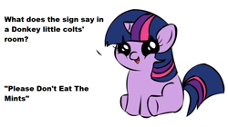 Size: 1194x668 | Tagged: safe, derpibooru import, twilight sparkle, donkey, pony, unicorn, dialogue, exploitable meme, female, filly, filly twilight sparkle, filly twilight telling an offensive joke, horn, image macro, looking at you, meme, multicolored mane, multicolored tail, obligatory pony, purple coat, simple background, sitting, smiling, solo, talking to viewer, underhoof, vulgar, white background