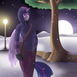 Size: 2200x2200 | Tagged: safe, artist:marik azemus34, derpibooru import, twilight sparkle, twilight sparkle (alicorn), alicorn, anthro, bag, clothes, hoodie, snow, snowfall, solo