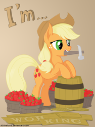 Size: 3000x4000 | Tagged: safe, artist:stinkehund, part of a set, applejack, earth pony, pony, apple, barrel, basket, fluffy, hammer, hat, mouth hold, solo