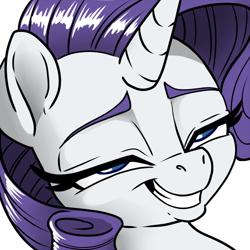 Size: 500x500 | Tagged: safe, artist:pusspuss, rarity, pony, unicorn, explicit source, female, grin, looking at you, reaction image, shit eating grin, simple background, smiling, smug, solo, transparent background