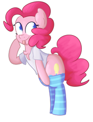 Size: 1280x1685 | Tagged: safe, artist:mr-degration, pinkie pie, pony, bipedal, chest fluff, clothes, shirt, simple background, socks, solo, striped socks, tongue out, transparent background