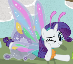 Size: 1019x901 | Tagged: safe, screencap, rarity, pony, unicorn, forever filly, butterfly wings, cropped, one eye closed, rarifly (costume), solo, wink