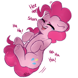 Size: 894x894 | Tagged: safe, artist:doodlehorse, pinkie pie, earth pony, pony, laughing, on back, solo