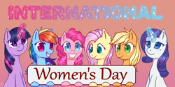 Size: 3000x1500 | Tagged: safe, artist:0okami-0ni, derpibooru import, applejack, fluttershy, pinkie pie, rainbow dash, rarity, twilight sparkle, earth pony, pegasus, pony, unicorn, colored pupils, female, glowing horn, horn, international women's day, looking at you, magic, mane six, mare, smiling, woman's day