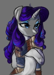 Size: 399x556 | Tagged: safe, artist:catzino, rarity, pony, unicorn, alternate hairstyle, clothes, female, gray background, mare, scarf, simple background, solo