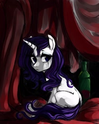 Size: 1640x2048 | Tagged: safe, artist:catzino, rarity, pony, unicorn, alcohol, alternate hairstyle, bed, bottle, crying, depression, female, frown, lidded eyes, looking at you, looking back, makeup, mare, missing cutie mark, running makeup, sad, sitting, solo, wine
