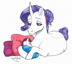 Size: 1600x1422 | Tagged: safe, artist:whisperseas, rarity, oc, oc:alexandrite, dracony, hybrid, pony, unicorn, alternate hairstyle, baby, female, hair bun, interspecies offspring, lidded eyes, male, mother and child, mother and son, offspring, parent and child, parent:rarity, parent:spike, parents:sparity, pillow, tail bun, traditional art