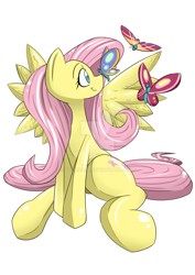 Size: 900x1273 | Tagged: safe, artist:fenriz278, fluttershy, butterfly, pegasus, pony, simple background, sitting, solo, spread wings, watermark