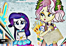 Size: 1096x768 | Tagged: safe, edit, edited edit, edited screencap, editor:alelovescool, screencap, rarity, vignette valencia, better together, equestria girls, rollercoaster of friendship, deep fried, friendship