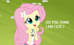 Size: 1126x678 | Tagged: safe, edit, edited screencap, screencap, fluttershy, equestria girls, legend of everfree, caption, clothes, cute, image macro, meme, open mouth, shorts, shyabetes