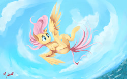 Size: 1920x1200 | Tagged: safe, artist:miokomata, fluttershy, pegasus, pony, cloud, falling, freefall, signature, sky, solo, spread wings, underhoof