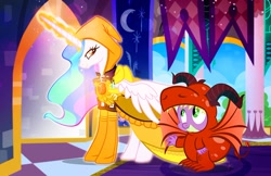 Size: 1000x647 | Tagged: safe, artist:pixelkitties, princess celestia, spike, dragon, clothes, cosplay, costume, duo, the great red dragon and the woman clothed in sun, william blake