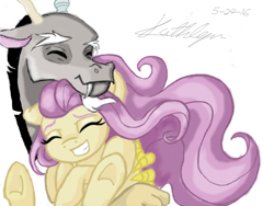 Size: 800x600 | Tagged: safe, artist:eclast, discord, fluttershy, pegasus, pony, discoshy, female, male, shipping, smiling, snuggling, straight