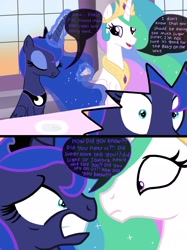 Size: 2048x2732 | Tagged: safe, artist:justsomepainter11, princess celestia, princess luna, alicorn, pony, comic, dialogue, eating, looking at each other, pregnant