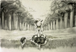 Size: 870x602 | Tagged: safe, artist:louislithium, fluttershy, pegasus, pony, eyes closed, folded wings, forest, grayscale, meditating, monochrome, peaceful, river, sitting, solo, traditional art, waterfall