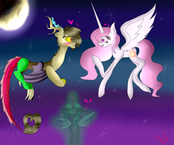 Size: 6000x5000 | Tagged: safe, artist:nightshadow29, discord, princess celestia, queen chrysalis, alicorn, changeling, changeling queen, draconequus, pony, absurd resolution, blushing, dislestia, female, heart, male, shipping, shipping denied, straight