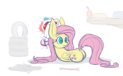 Size: 1280x800 | Tagged: safe, artist:heir-of-rick, fluttershy, original species, pegasus, pony, colored sketch, hat, legless, modular, nurse hat, plot, ponycycle, sketch, solo, wheelpone