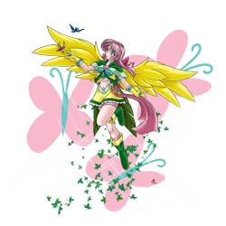 Size: 3333x3333 | Tagged: safe, artist:mauroz, fluttershy, bird, human, belly button, boots, clothes, compression shorts, cutie mark background, gaia, gloves, humanized, leaves, midriff, raised leg, shorts, simple background, skirt, solo, transparent background