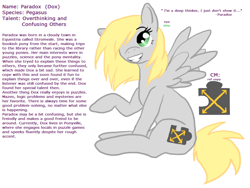 Size: 1024x768 | Tagged: safe, artist:trickypup, oc, oc only, oc:paradox moon, pegasus, pony, bio, reference sheet, simple background, smiling, solo, text