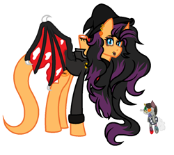 Size: 1084x966 | Tagged: safe, artist:midnightamber, oc, oc only, oc:moore-bid, oc:stiches, alicorn, bat pony, bat pony alicorn, demon, demon pony, pony, 2spooky, alicorn oc, button, clothes, coat, coat markings, curved horn, ear piercing, earring, eyebrow piercing, hat, headless, jewelry, lip piercing, looking at you, modular, piercing, pumpkin, ragdoll, simple background, spoopy, tattered wings, toy, white background, witch hat, zipper