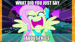 Size: 800x450 | Tagged: safe, edit, edited screencap, screencap, fluttershy, pegasus, pony, the best night ever, angry, clothes, dress, flutterrage, fluttertree, gala dress, i'd like to be a tree, image macro, meme, solo, spread wings, tree, wings, yelling