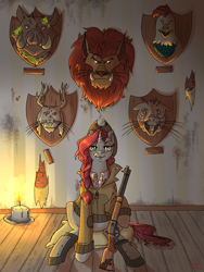Size: 3000x4000 | Tagged: safe, artist:sourcherry, derpibooru import, oc, oc only, cockatrice, manticore, naked mole rat, pony, unicorn, fallout equestria, candle, decapitated, female, floor, gun, hunter, hunting trophy, implied murder, jackalope, mare, mounted head, radhog, rifle, severed head, taxidermy, trophy, unnamed oc, wallpaper, weapon