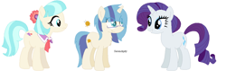 Size: 1208x426 | Tagged: safe, artist:creepysteeple, artist:goldengallows, coco pommel, rarity, earth pony, pony, unicorn, family, female, glasses, lesbian, magical lesbian spawn, mare, marshmallow coco, offspring, parents:marshmallow coco, shipping, simple background, smiling, white background