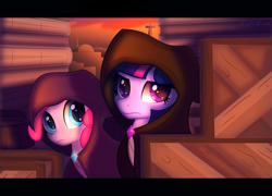 Size: 1145x824 | Tagged: safe, artist:ctb-36, derpibooru import, pinkie pie, twilight sparkle, earth pony, pony, cloak, clothes, crossover, frown, jedi, star wars, twilight is not amused, unamused