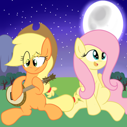 Size: 3000x3000 | Tagged: safe, artist:artypaints, applejack, fluttershy, earth pony, pegasus, pony, banjo, moon, musical instrument, night, open mouth, sitting