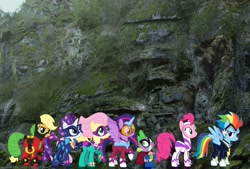 Size: 1088x735 | Tagged: safe, artist:kayman13, derpibooru import, applejack, fili-second, fluttershy, humdrum, masked matter-horn, mistress marevelous, pinkie pie, radiance, rainbow dash, rarity, saddle rager, spike, twilight sparkle, twilight sparkle (alicorn), zapp, alicorn, dragon, pony, cliff, clothes, confused, costume, irl, looking at each other, looking to the left, looking up, mane seven, mane six, photo, ponies in real life, pose, power ponies, smiling