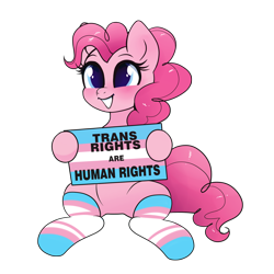 Size: 2000x2000 | Tagged: safe, artist:confetticakez, pinkie pie, earth pony, pony, blushing, clothes, colored pupils, cute, diapinkes, featureless crotch, female, graveyard of comments, grin, hoof hold, mare, mouthpiece, pride, pride flag, sign, simple background, sitting, smiling, socks, solo, squee, striped socks, transgender, transparent background