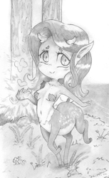 Size: 905x1483 | Tagged: safe, artist:cross_ornstein, fluttershy, armpits, cervitaur, chibi, dryad, species swap, traditional art, warcraft