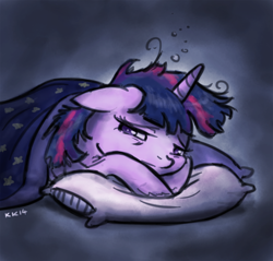 Size: 800x765 | Tagged: safe, artist:king-kakapo, derpibooru import, twilight sparkle, blanket, floppy ears, frown, looking at you, messy mane, pillow, prone, sad, sick, solo