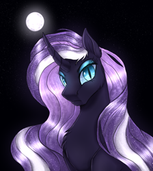 Size: 948x1058 | Tagged: safe, artist:not-ordinary-pony, derpibooru exclusive, nightmare rarity, rarity, pony, unicorn, female, looking at you, mare, moon, nightmarified, solo, stars