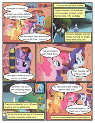 Size: 612x792 | Tagged: safe, artist:newbiespud, derpibooru import, edit, edited screencap, screencap, applejack, fluttershy, pinkie pie, rainbow dash, rarity, twilight sparkle, unicorn twilight, earth pony, pegasus, pony, unicorn, comic:friendship is dragons, dragonshy, book, comic, dialogue, female, glowing horn, golden oaks library, horn, magic, mane six, mare, mountain, screencap comic, smoke, telekinesis, tree