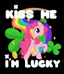 Size: 1024x1199 | Tagged: safe, artist:steffy-beff, pinkie pie, earth pony, pony, bronybait, clover, coin, cute, diapinkes, female, four leaf clover, hat, holiday, mare, mouth hold, poster, profile, rainbow, saint patrick's day, solo