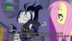 Size: 1280x720 | Tagged: safe, derpibooru import, edit, edited screencap, screencap, fluttershy, snow hope, pegasus, pony, fake it 'til you make it, bible verse, fluttergoth, goth, meta, mouthpiece, out of context, out of context quote, religion, text