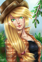 Size: 1100x1600 | Tagged: safe, artist:skycen, applejack, human, alternative cutie mark placement, clothes, cowboy hat, cutie mark, facial cutie mark, hat, humanized, looking at you, signature, solo, stetson