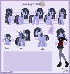 Size: 2595x2770 | Tagged: safe, artist:alphajunko, oc, oc only, oc:moonlight nova, alicorn, bat pony, pony, equestria girls, alicorn oc, bat ponified, belt, boots, butt, chains, choker, clothes, commission, equestria girls-ified, female, filly, glowing horn, grin, high heel boots, horn, icey-verse, jacket, leather jacket, magical lesbian spawn, male, mare, multicolored hair, offspring, parent:mean twilight sparkle, parent:oc:moonshine twinkle, parents:canon x oc, parents:meanshine, peace sign, plot, race swap, reference sheet, rule 63, shirt, shoes, skirt, smiling, solo, stallion, stockings, t-shirt, thigh highs, torn clothes, wings, younger