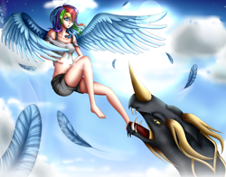 Size: 2768x2167 | Tagged: safe, artist:germanspeeddrawing, derpibooru import, rainbow dash, dragon, human, clothes, cloud, feather, fight, flying, humanized, shorts, sky, spread wings, sun, teeth, winged humanization, wings