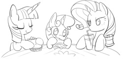 Size: 910x437 | Tagged: safe, artist:mcsadat, derpibooru import, rarity, sweetie belle, twilight sparkle, twilight sparkle (alicorn), alicorn, pony, unicorn, drinking, eating, female, grayscale, mare, monochrome